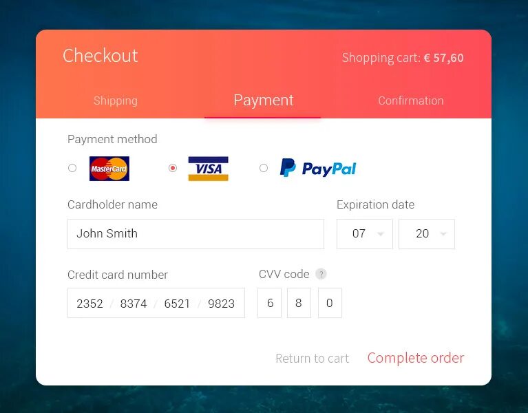 Payment form. Credit Card checkout form. Payment checkout. Checkout UI Design. Pay method