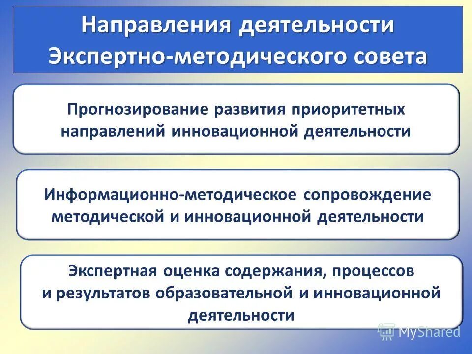 Организация деятельности экспертов. Направления деятельности методического совета. Прогнозирование инновационной деятельности. Направление деятельности эксперта. Приоритеты развития прогнозирования.