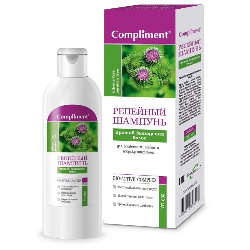 Шампуни от выпадения и для роста. Compliment репейный шампунь. шампунь compliment репейный против выпадения волос, 200мл. шампунь комплимент 200мл репейный пвыпадения волос. шампунь против выпадения волос compliment репейник 200 мл 15.
