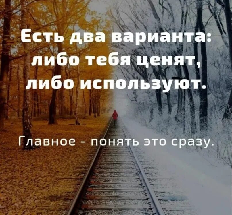 Не поняв главного. Есть два варианта тебя либо ценят либо. Есть 2 варианта тебя либо ценят либо используют. Либо тебя ценят. Жизнь в двух вариантах.