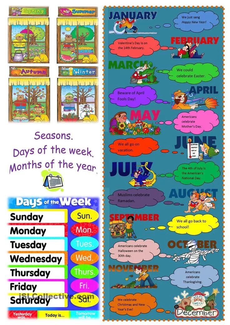 Months упражнения английский. Месяца Worksheets. Английский плакат Seasons. Days of the week плакат.
