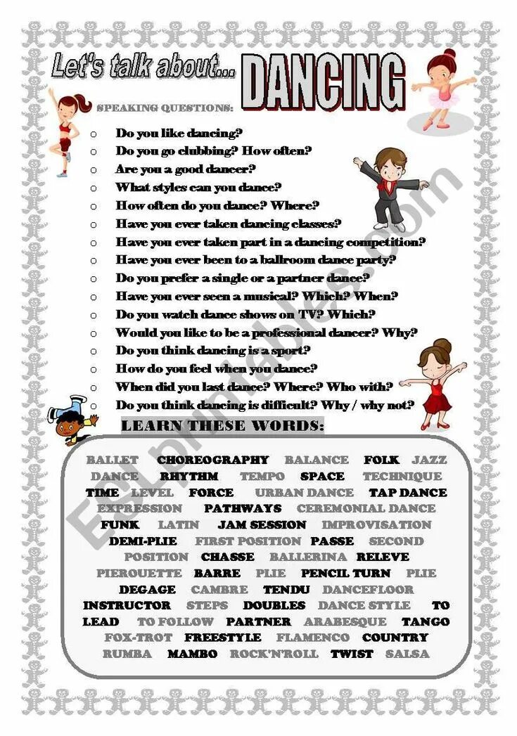 Dance Worksheet. Dancing Worksheets. Types of Dancing Worksheets. Dance Vocabulary