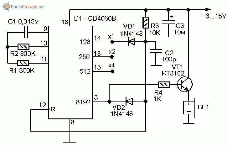 Звуковой сигнализатор с периодическим сигналом (CD4060, КТ3102)