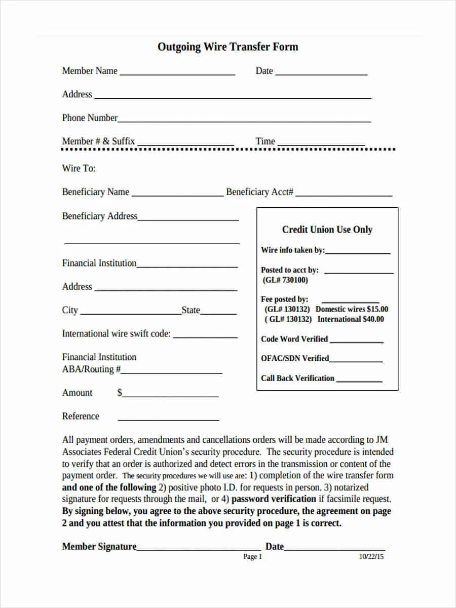 Transfer forms. Wire transfer.