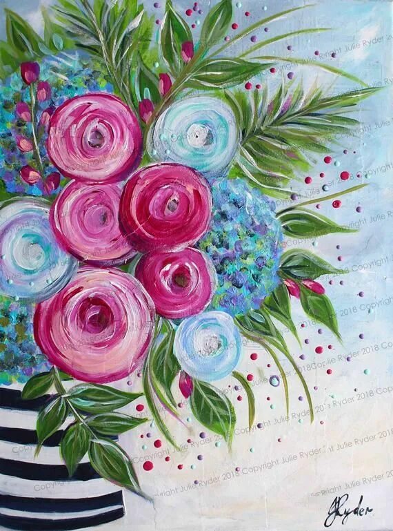 Букет красками. Цветы гуашью. Букет красками. Разноцветные цветы акрилом. Импасто мастихин.