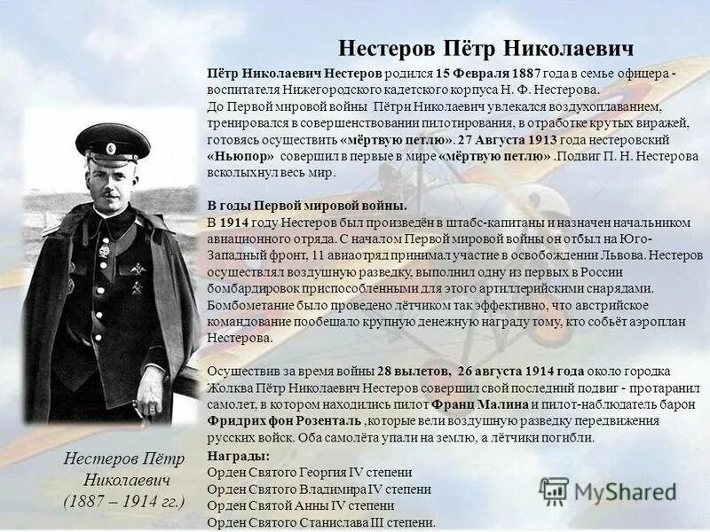 Подвиг Нестерова Петра Николаевича. Подвиге летчика п.н.Нестерова.