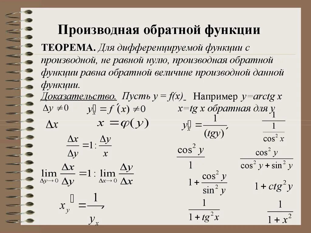 Теорема о производной обратной функции. Формулы обратной производной. Производная обратной функции вывод формулы. Производная от обратной функции.