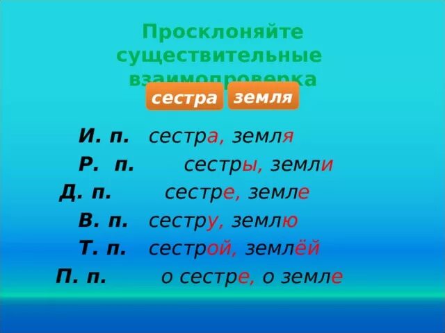 Просклонять существительное земля. Сестра по падежам. Сестра земля просклонять по падежам. Склонение к слову сестрице.