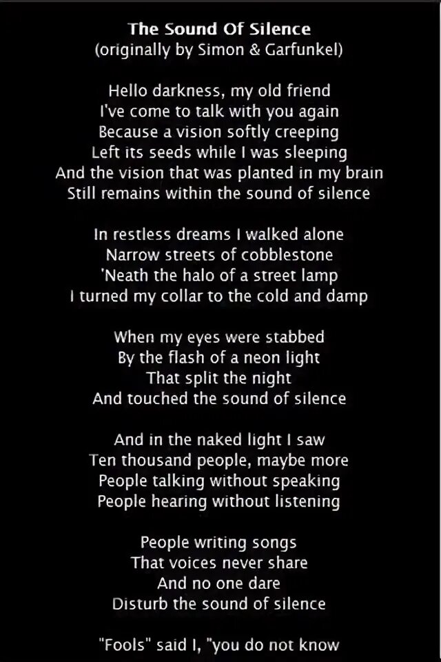 Disturbed the sound of silence текст. Sound of Silence текст. Hello Darkness my old friend текст. Hello Darkness слова. Хеллоу Даркнесс. Текст.