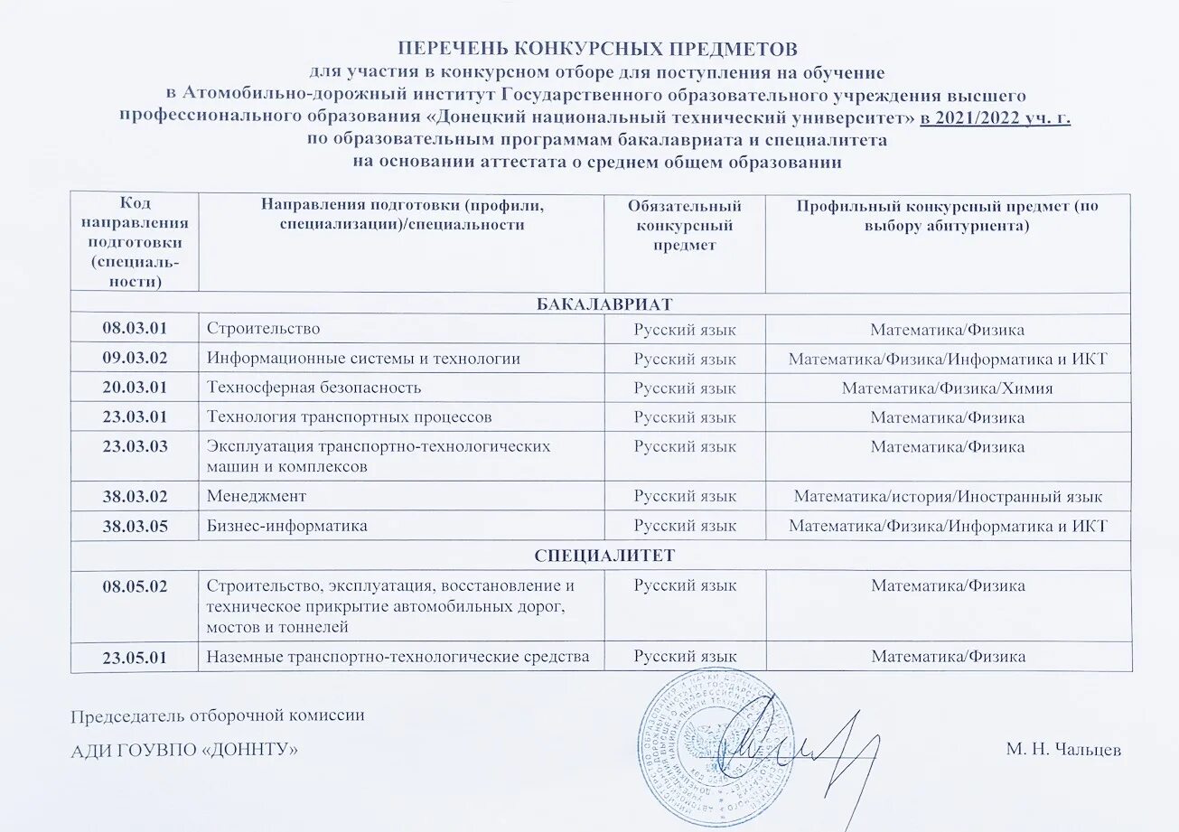 Информация о приеме документов