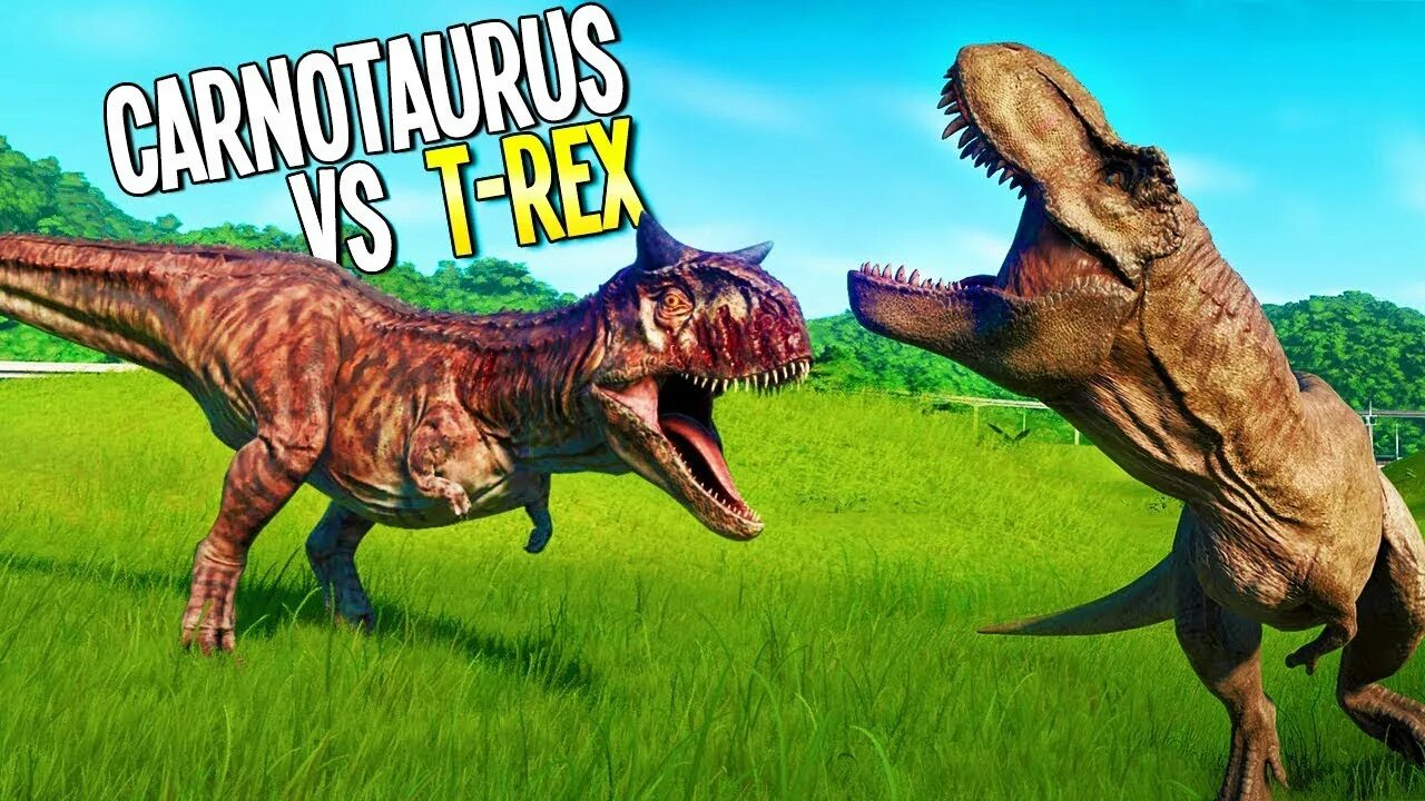 Карнотавр против. Тираннозавр и Карнотавр. Jurassic World Evolution Карнотавр. Carnotaurus Jurassic World Evolution. T Rex vs Carnotaurus.