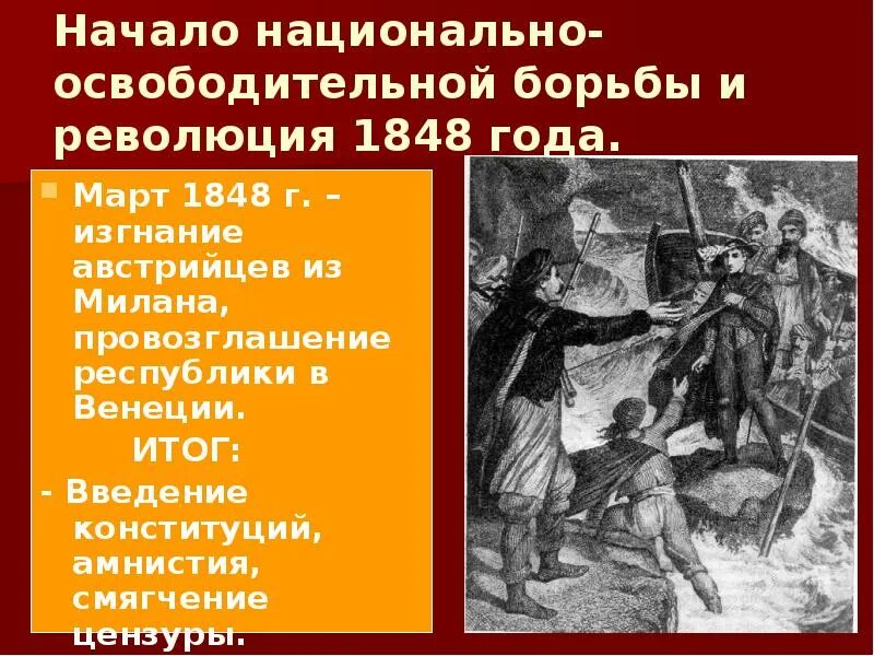 Начало национально освободительной борьбы и революция 1848 в Италии. Итоги революции 1848 года в Италии. Лидеры итальянской революции 1848. Начало национально освободительной борьбы и революция 1848 кратко.