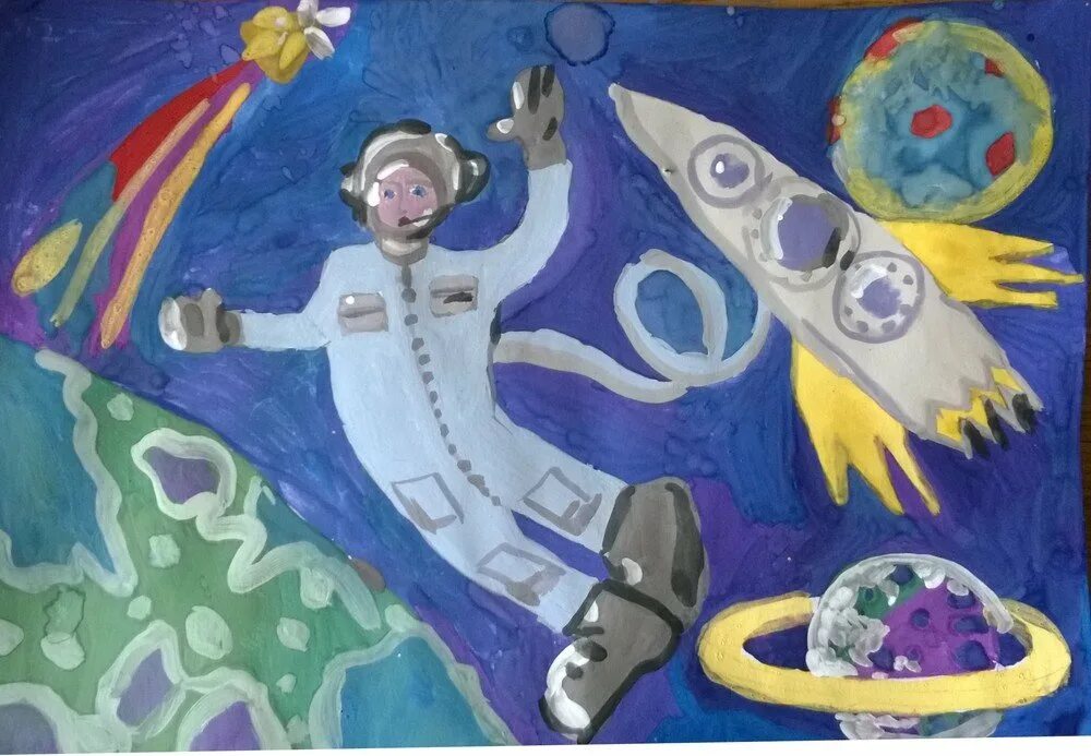 Рисунок на тему космос. Рисунок на космическую тему. Рисунки на тему космос для детей. Рисунок ко Дню космонавтики. День космонавтики для детей 1 класса