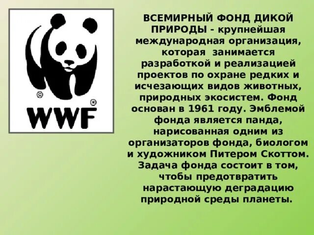 Организация Всемирный фонд природы. Всемирный фонд охраны дикой природы. Всемирный фонд охраны дикой природы 1961. Эмблема международного фонда дикой природы.