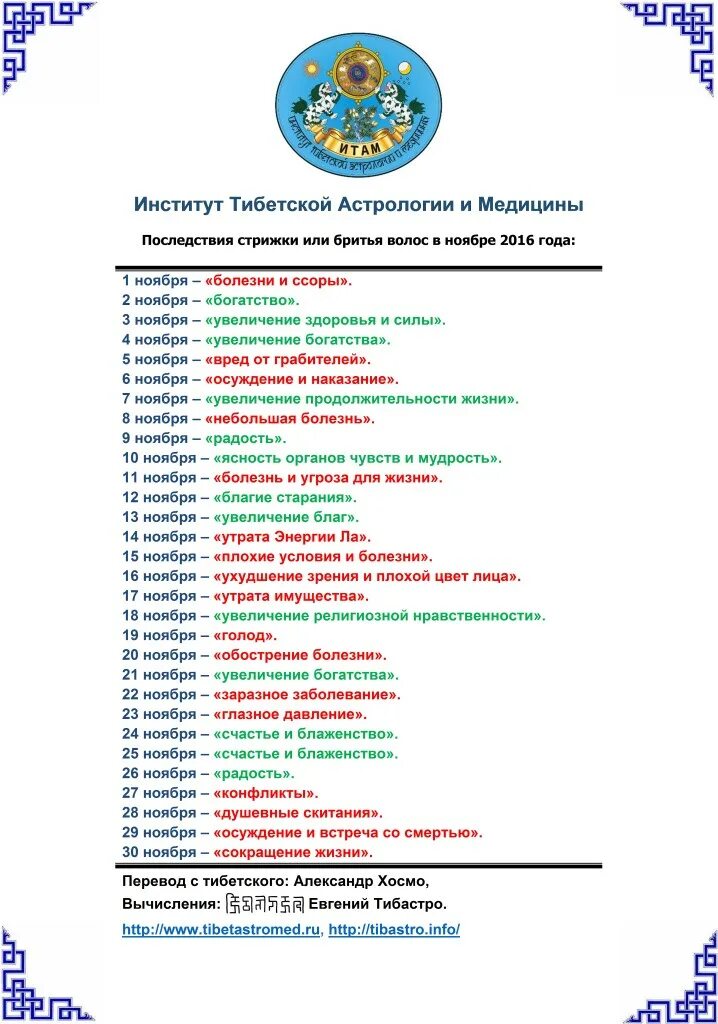 Тибетский календарь мытья волос на январь 2025 Тибетский календарь на август