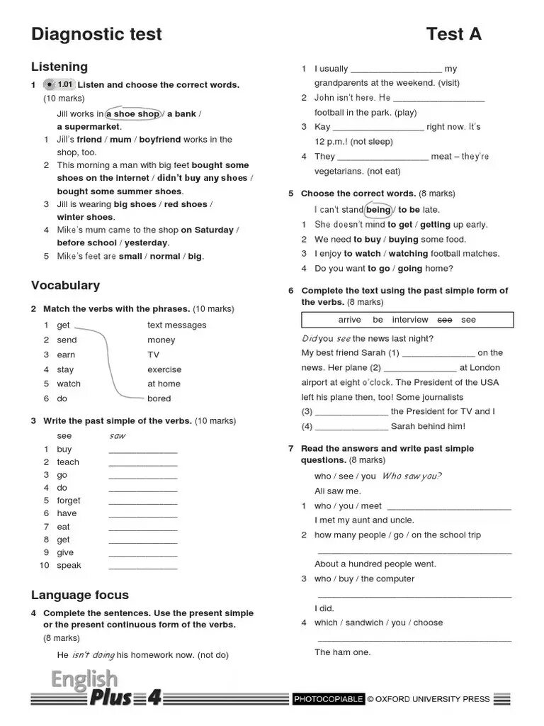 Diagnostic Test английский 8. Diagnostic Test по английскому 9. Vocabulary Unit 4 English plus2 тест. Photocopiable Tests ответы по английскому. Тесты listening