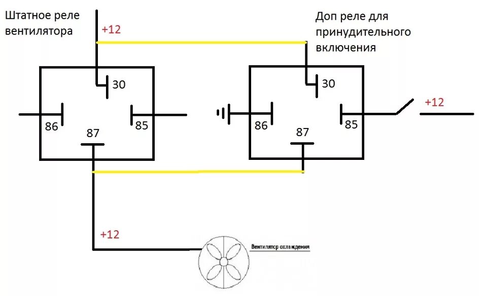 Схема подключения вентилятора охлаждения принудительно. Схема подключения вентилятора охлаждения через реле и кнопку. Схема подключения вентилятора охлаждения с принудительной кнопкой. Подключить вентилятор через кнопку схема.