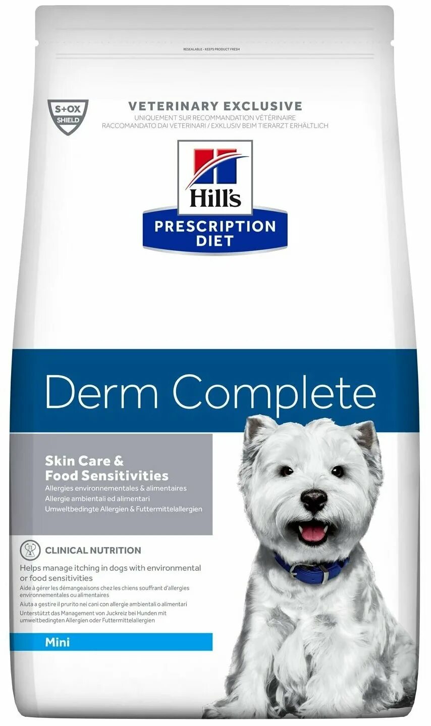 Диетический корм для собак hills. Hill's Prescription Diet Derm complete. Корм для собак Hills 1,5кг Derm complete Mini мелких пород. Хиллс дерм комплит корм для собак. Hills Derm complete для мелких пород собак.