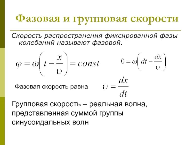 Определить фазовую скорость. Фазовая и групповая скорость. Понятие о фазовой и групповой скорости. Групповая скорость и фазовая скорость. Фазовая скорость и групповая скорость волны.