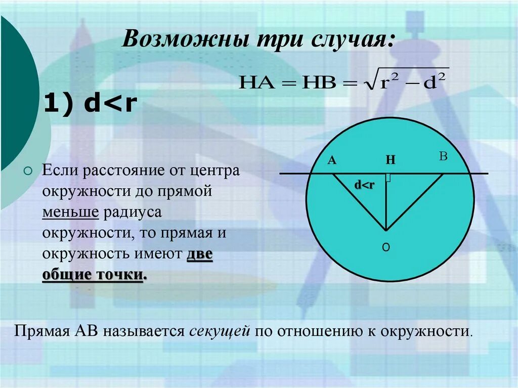 Общие точки окружности и прямой. Расстояние от центра окружности. Окружность и прямая имеют две Общие точки если. Расстояние от центра окружном. Формула прямой окружности