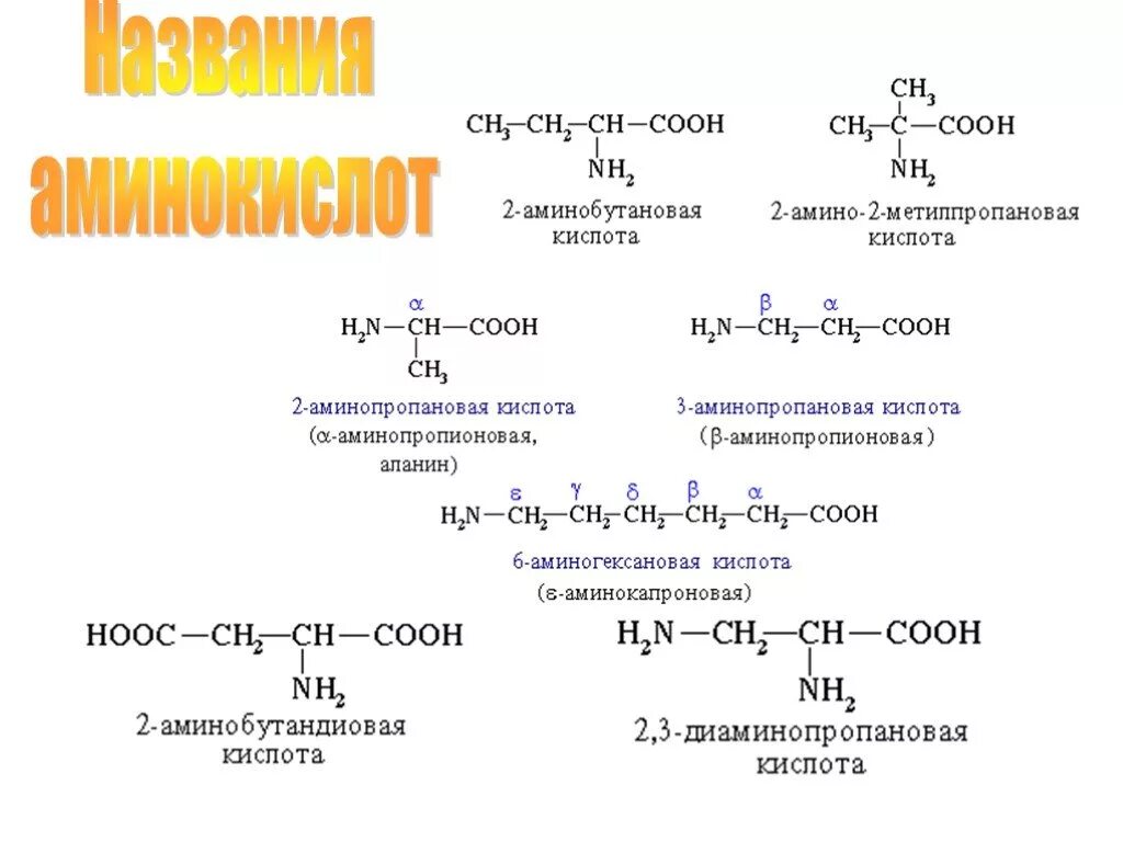 Аминокислота название соединения. Аминокислоты номенклатура и формулы. Название белков по аминокислотам. Амины аминокислоты белки химия.