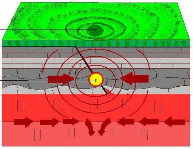 Волна землетрясения. Сейсмические волны схема. Сейсмические волны землетрясения. Схема распространения сейсмических волн. Схема очага землетрясения.