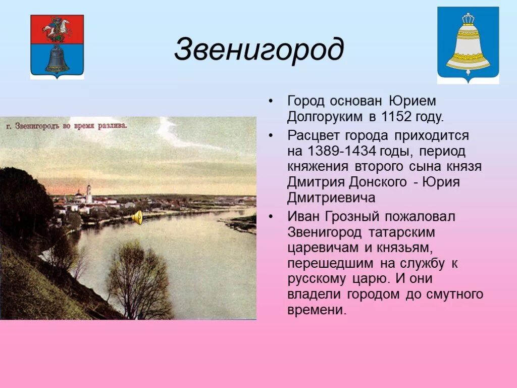 Какой город был основан юрием долгоруким. Города основанные Юрием Долгоруким Звенигород. Проект город Звенигород. Презентация Звенигород. Сообщение о Звенигороде.