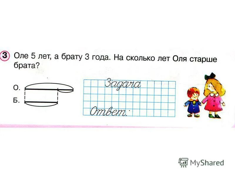 Оле 7 лет а саше 9. Старше 5 лет. Задача , на 7 лет старше. На 2-5 лет старше. Схема к задаче на сколько старше.