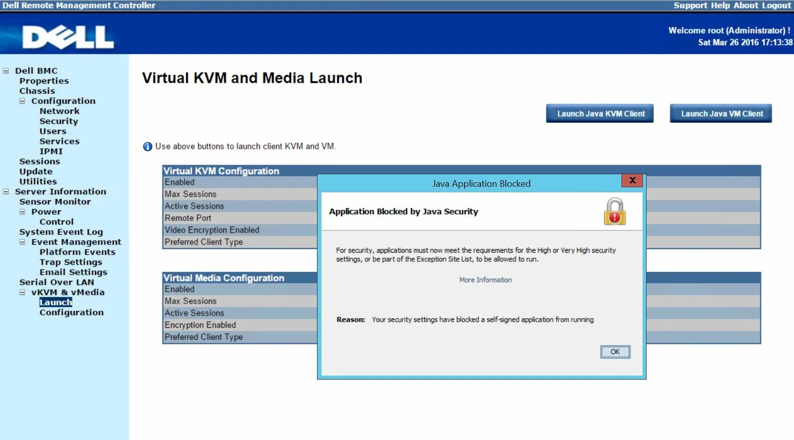 Java blocked. Application blocked by java security. vkvm. your security settings have blocked a self-signed application from running. hp virtual kvm and media configuration java.