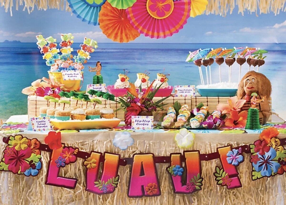 Луау. Вечеринка в стиле АЛОХА Гавайи. День рождения в стиле Гавайи. Кэнди бар Гавайская вечеринка. Антураж для гавайской вечеринки.