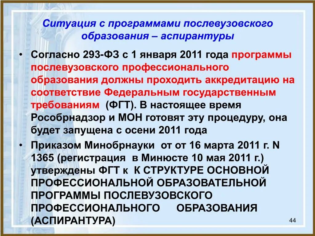 Закон о послевузовском образовании. Образовательная программа аспирантуры. Послевузовское профессиональное образование. Послевузовское образование это аспирантура. Федеральные государственные требования аспирантура.