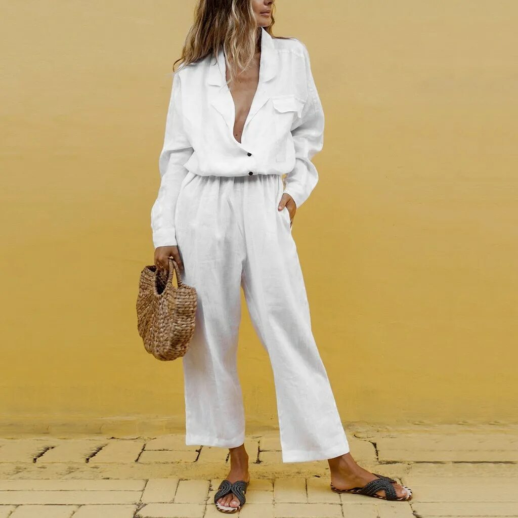 пижама с брюками mia-mia kristy кристи 15116. спортивный костюм женский хлопок. белый льняной костюм. пижама женская рубашка и штаны. костюм из хлопка женский.