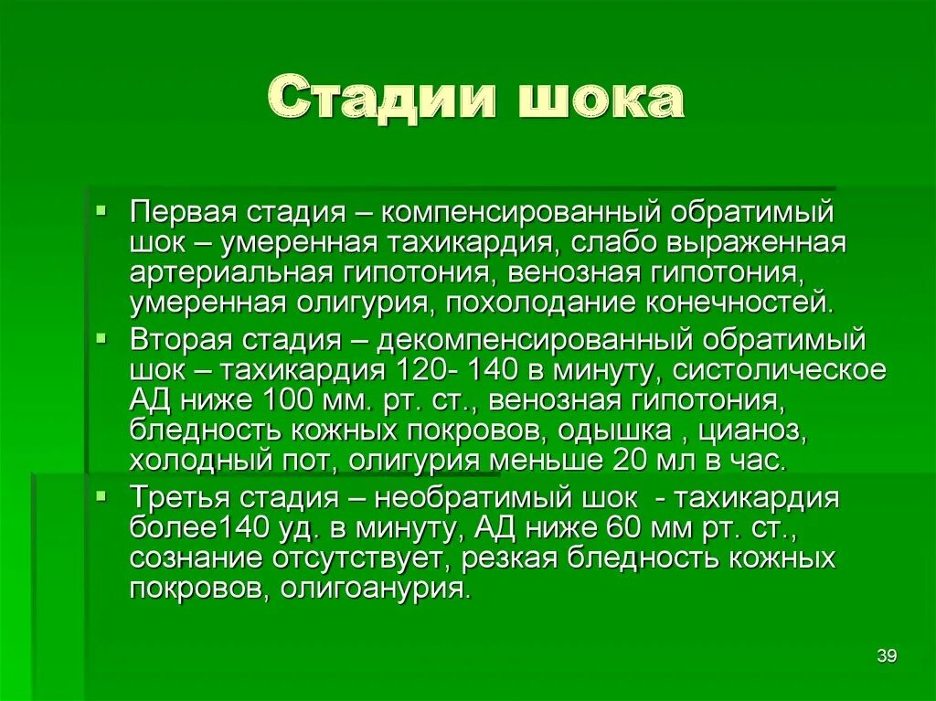 Этапы шока. Стадии шока. Стадии развития шока. Основные фазы шока. Характеристика стадий шока.