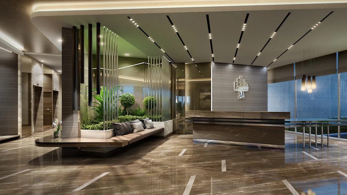 Grosvenor house, a luxury collection hotel, dubai. Холл офисного здания интерьер. Area hall. Вестибюль в современном стиле. Потолок в холле.
