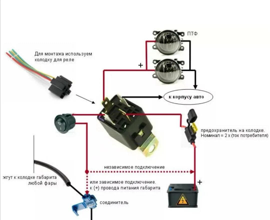 Подключить реле птф. Схема подключения реле противотуманных фар. Схема подключения противотуманных фар через реле и кнопку. Схема соединения противотуманных фар через реле. Схема подключения реле противотуманных фар 4 контактное.