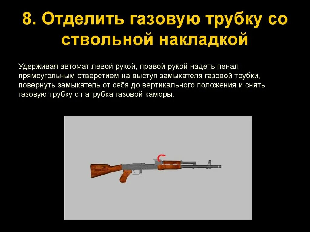 Неполная сборка автомата ак 74. Отделить газовую трубку со ствольной накладкой. Газовая трубка со ствольной накладкой автомата Калашникова. Газовая трубка со ствольной накладкой. Порядок неполной разборки автомата.