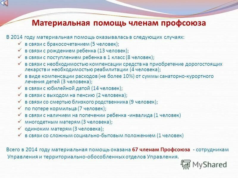 Бывший работник быть членом профсоюза. Материальная помощь в профсоюзной организации. Материальная помощь от профкома. Материальная помощь от профсоюза пример.