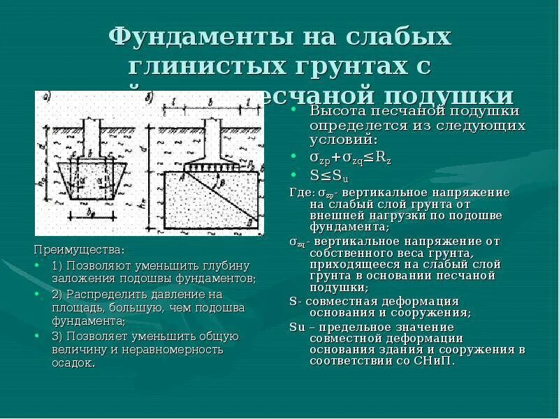 Глинистый фундамент. Фундамент на глинистых грунтах. Конструкция фундамента при слабых грунтах. Фундамент для глинистых грунтов. Фундаменты на слабых водонасыщенных глинистых грунтах.