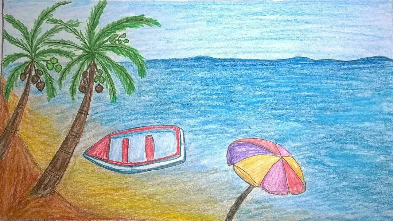 Здесь можно выполнить рисунок показывающий удивительную. Летние рисунки. Летний рисунок карандашом. Морской пейзаж для детей. Рисунок на тему лето.