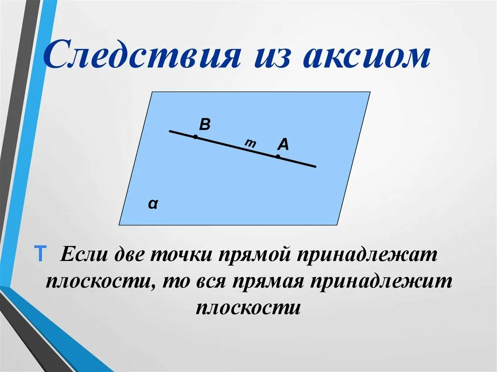 Аксиомы точек и прямых. Если две точки прямой принадлежат плоскости. Если 2 точки прямой принадлежат плоскости то прямая. Следствия из аксиом. Точка принадлежит двум плоскостям.