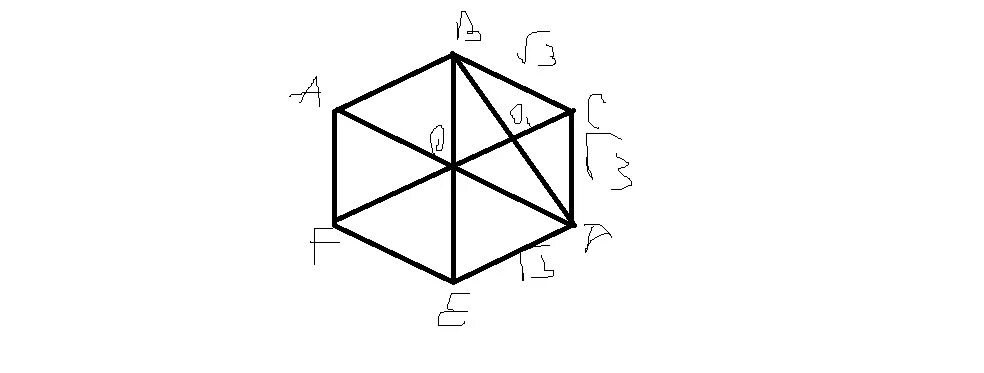 Шестиугольник со сторонами abcdef. Правильный шестиугольник abcdef. Правильный шестиугольник сторона корень из 3. Авсдеф правильный шестиугольник.
