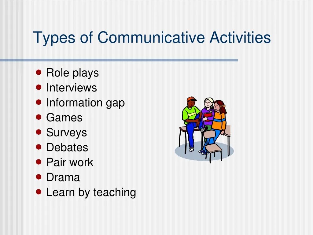 Communicative activities. Types of activities in English. Information gap activities. Types of activities in teaching.
