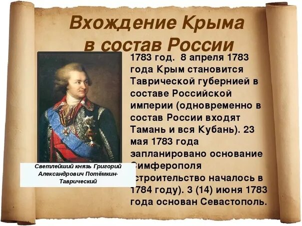 Присоединение Крыма 1783 участники. Крым был присоединен к российской империи в