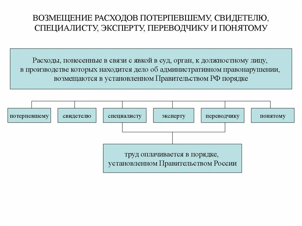 Расходы потерпевшего на представителя. Возмещение расходов. Порядок возмещения расходов специалисту, эксперту, переводчику. Компенсация затрат. Порядок возмещения расходов потерпевшему свидетелю понятому.