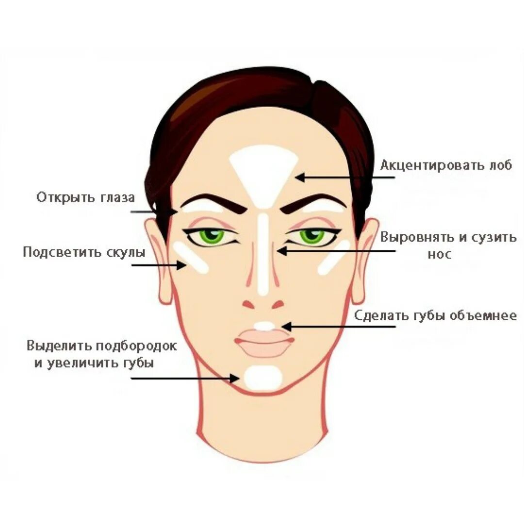 Схема нанесения хайлайтера. Схема нанесения румян и хайлайтера.