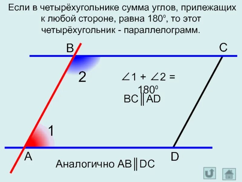 Сумма односторонних углов четырехугольника равна 180. Сумма углов прилежащих к одной стороне параллелограмма. Сумма односторонних углов в четырехугольнике. Сумма двух прилежащих углов равна 180.