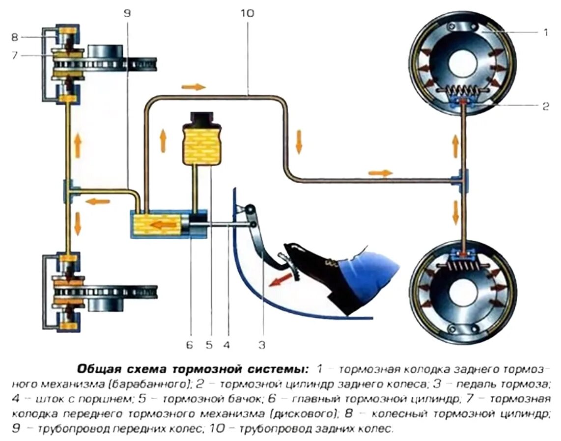 Действие тормоза. Схема тормозной системы легкового автомобиля. Гидравлические тормоза авто схема. Схема двухконтурного гидропривода тормозов.. Бак гидропривода тормозной системы ВАЗ 2114.