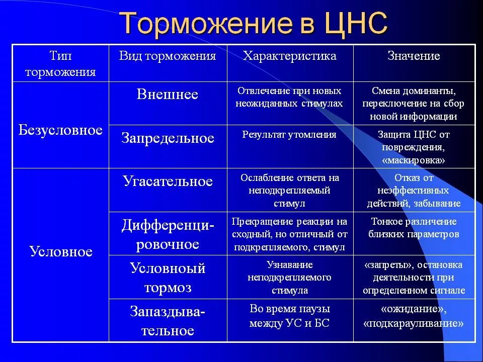 Классификация видов торможения в ЦНС. Классификация видов торможения физиология. Виды и механизмы условного и безусловного торможения. Сравнительная характеристика видов торможения.