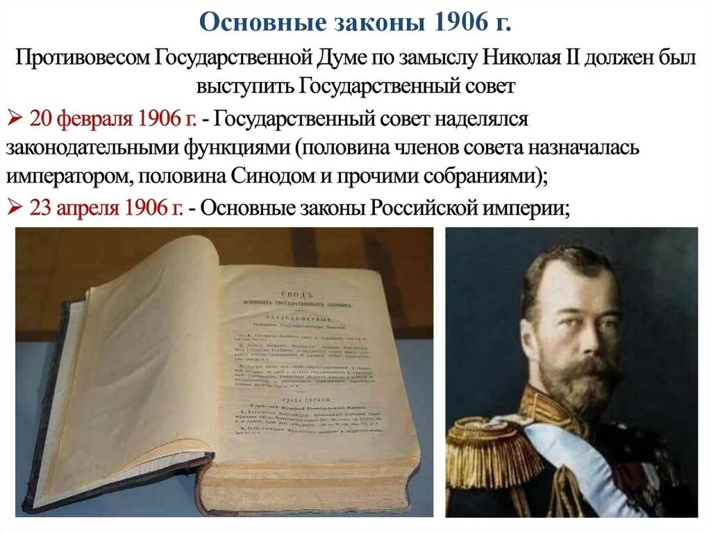 Основные законы российской империи дата. Основные государственные законы Николая 2. Свод основных государственных законов Российской империи. Основные государственные законы 23 апреля 1906 г..