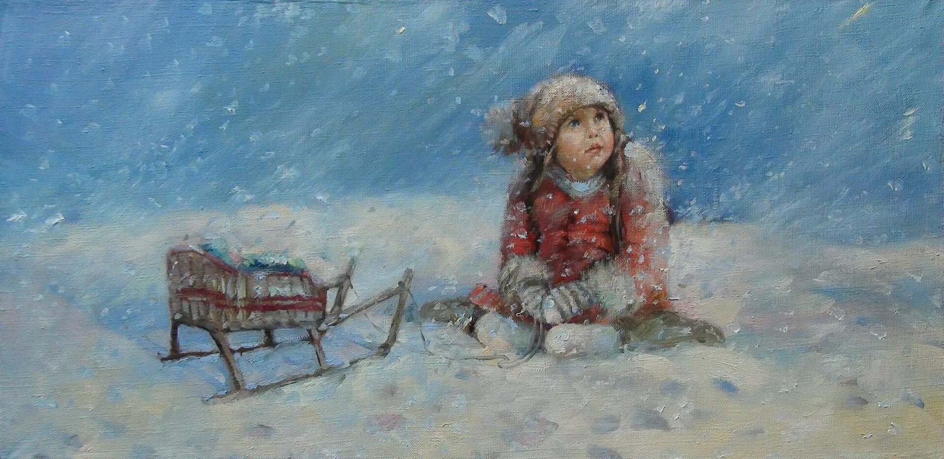 Картина девочка зимой. Художник инесса морозова зима. дети на санках живопись. дети зима живопись. девочка на санках.